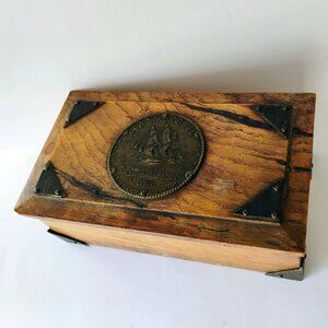 USS Constitution Old Ironsides Commemorative Box, 1920s Antique Wood and Copper